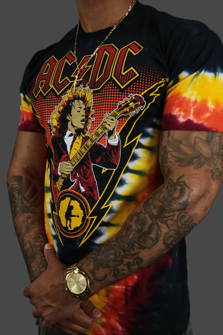 The sleeves on the AC/DC Angus Lighting Tie Dye TShirt | Black  
