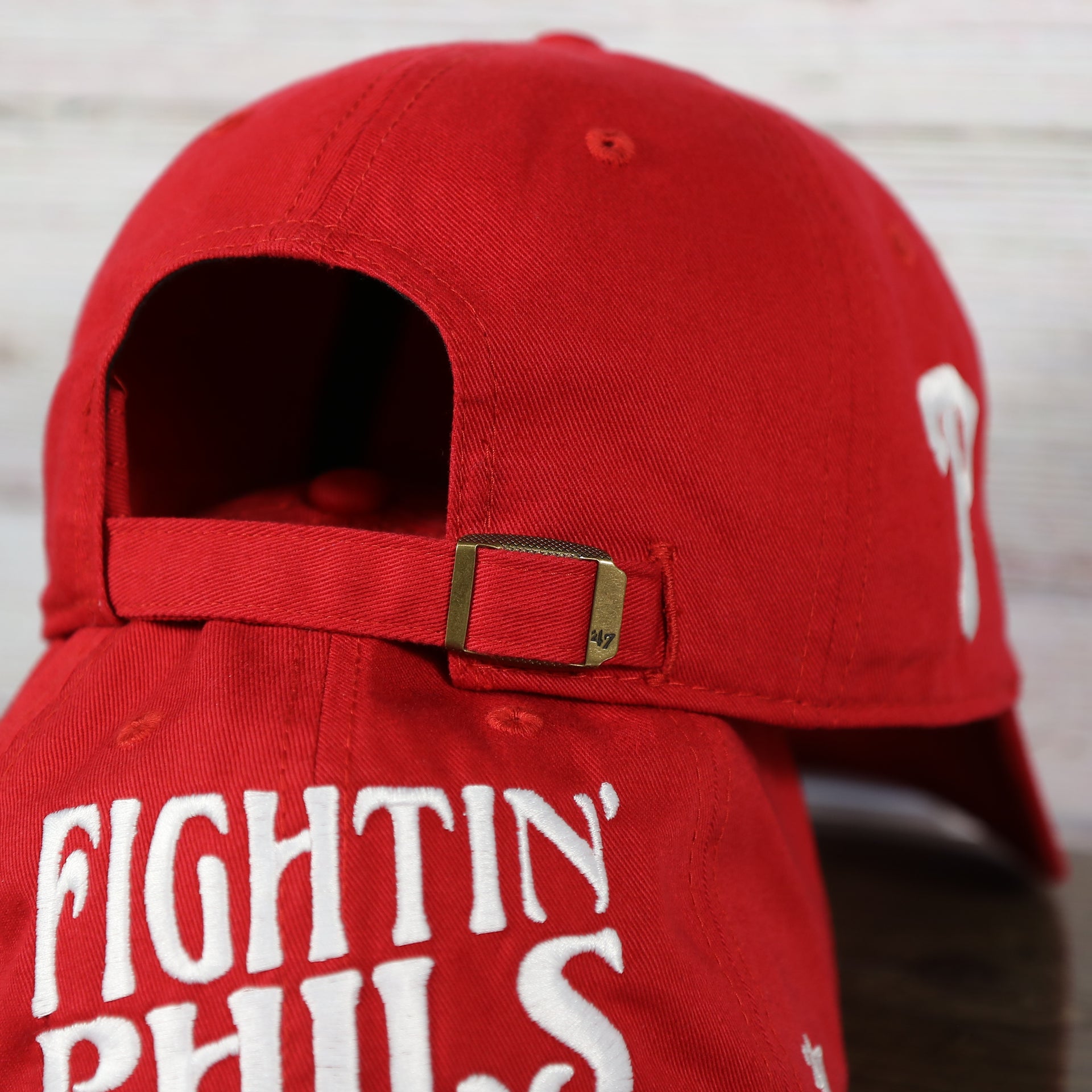 metallic buckle and adjustable strap on the Philadelphia Phillies 2022 World Series Fightin' Phils Phillies Logo Side Patch Red Adjustable Dad Hat
