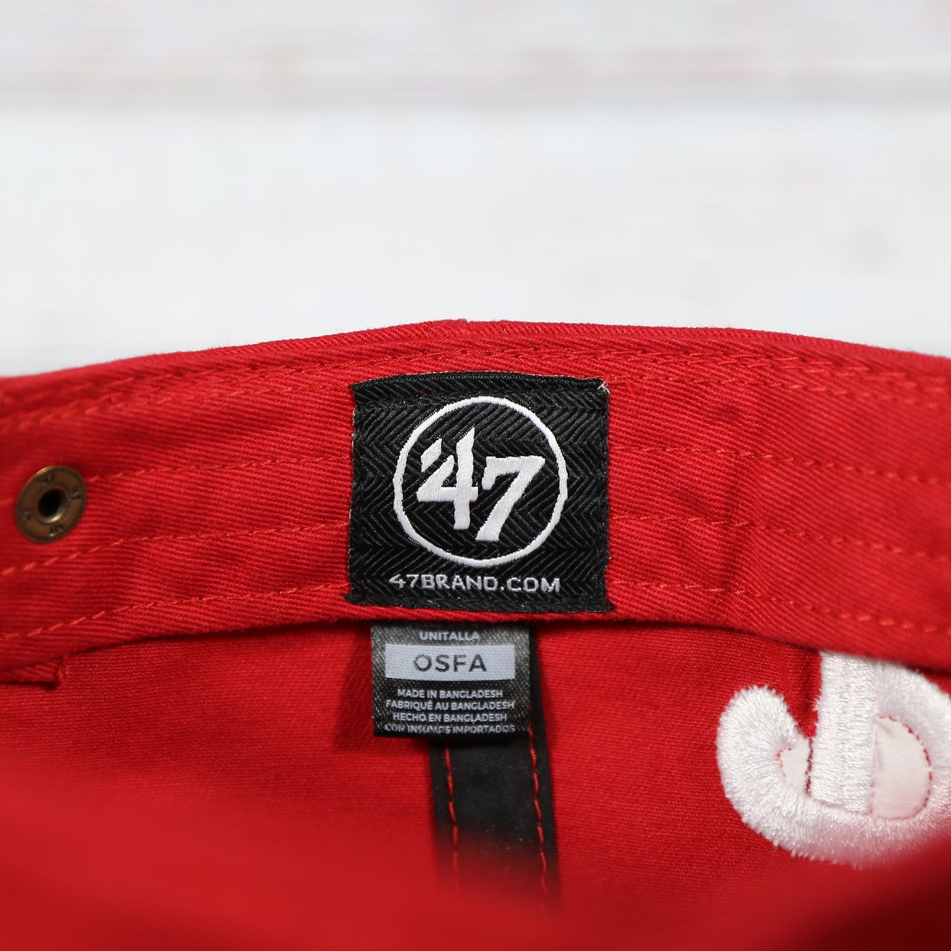 47 brand label on the Philadelphia Phillies 2022 World Series Fightin' Phils Phillies Logo Side Patch Red Adjustable Dad Hat
