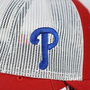 phillies logo on wearer's right on the Philadelphia Phillies 2022 World Series Fightin' Phils Phillies Logo Side Patch Red Adjustable Trucker Snapback Hat