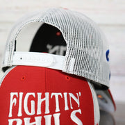 white adjustable snap on the Philadelphia Phillies 2022 World Series Fightin' Phils Phillies Logo Side Patch Red Adjustable Trucker Snapback Hat