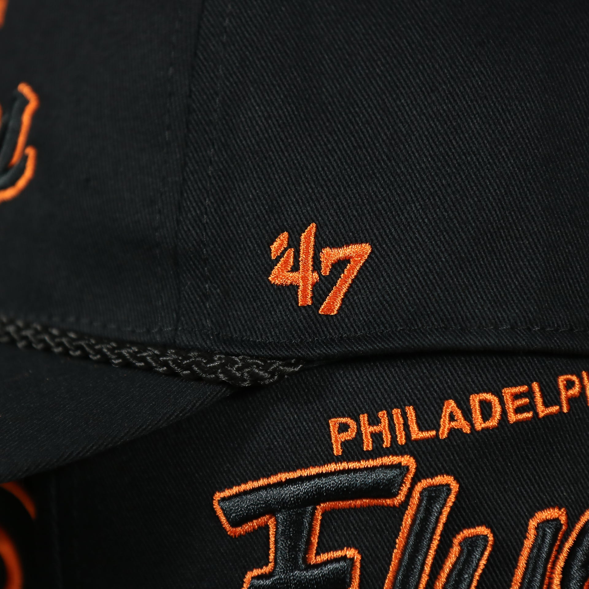 47 brand logo on the Philadelphia Flyers Black Snapback Dad Hat | Black Adjustable Baseball Cap