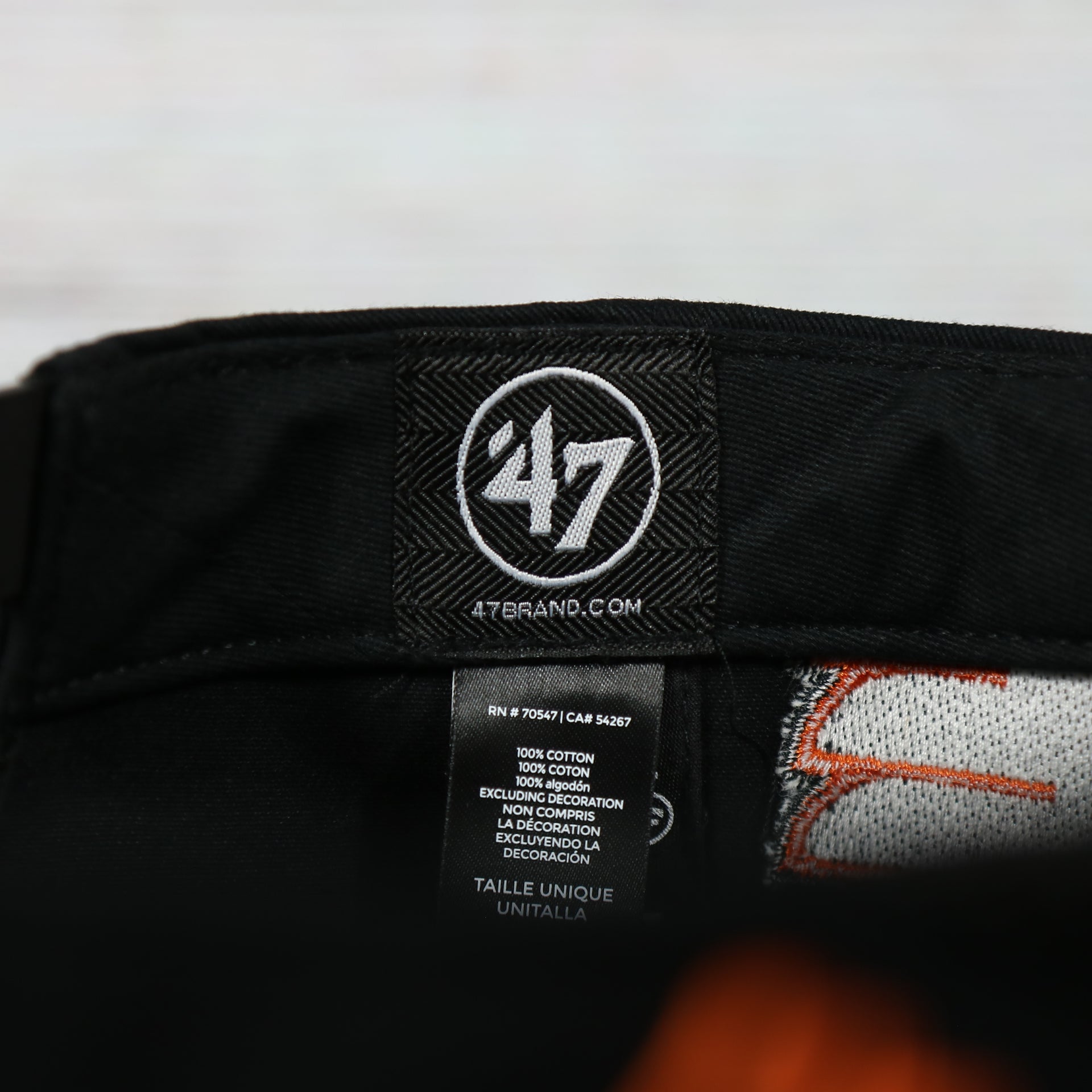 47 brand taping on the inside of the Philadelphia Flyers Black Snapback Dad Hat | Black Adjustable Baseball Cap