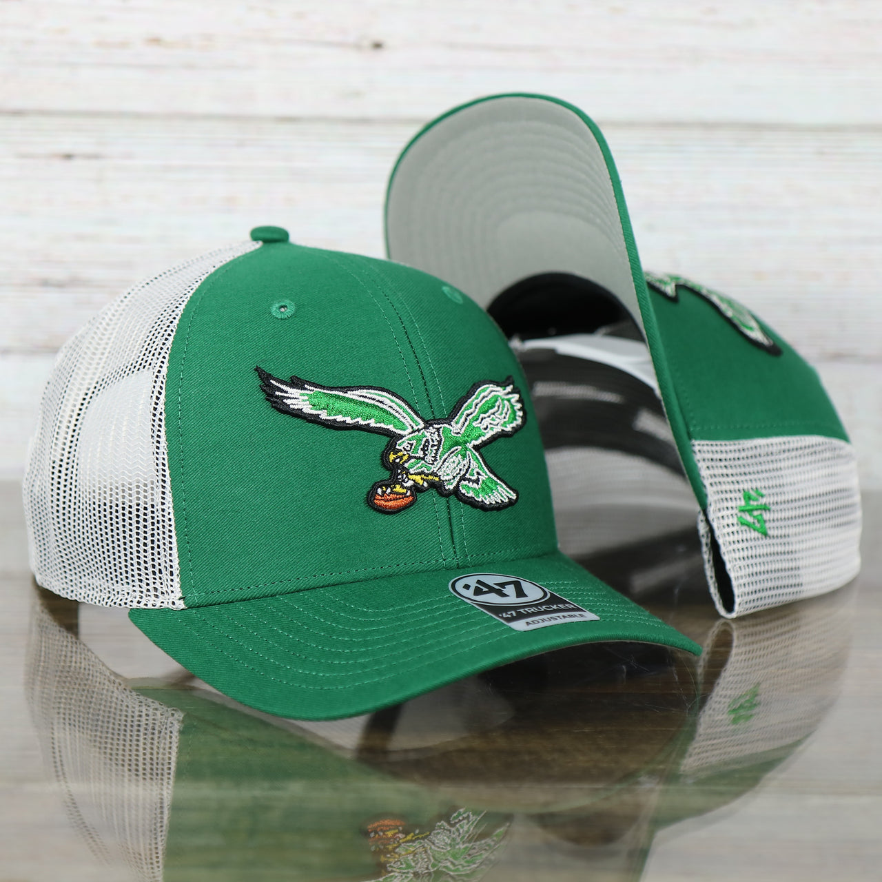 front and bottom of this Philadelphia Eagles Throwback Mesh Back Trucker Hat | Kelly Green Trucker Hat
