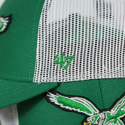 47 brand logo on the Philadelphia Eagles Throwback Mesh Back Trucker Hat | Kelly Green Trucker Hat