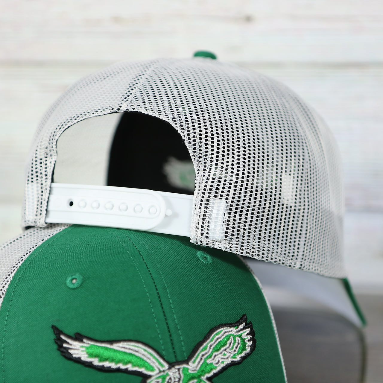 back side of the Philadelphia Eagles Throwback Mesh Back Trucker Hat | Kelly Green Trucker Hat