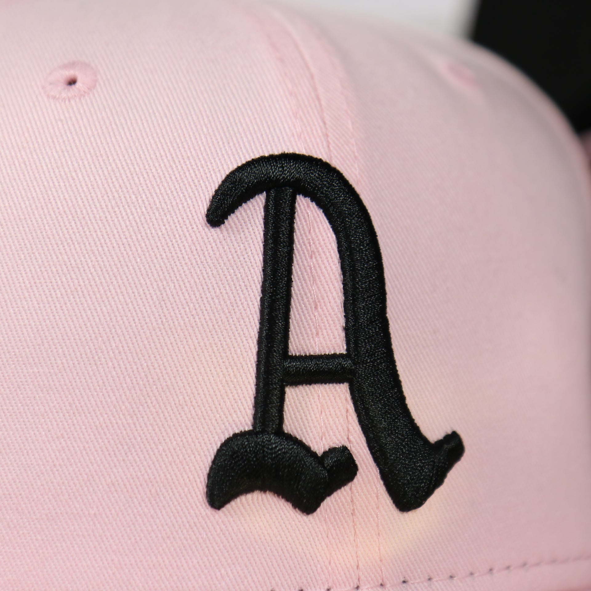 athletics logo on the Philadelphia Athletics 1910 World Series Side Patch Black Bottom Pink 59Fifty Fitted Cap | "The Athletics Pack"