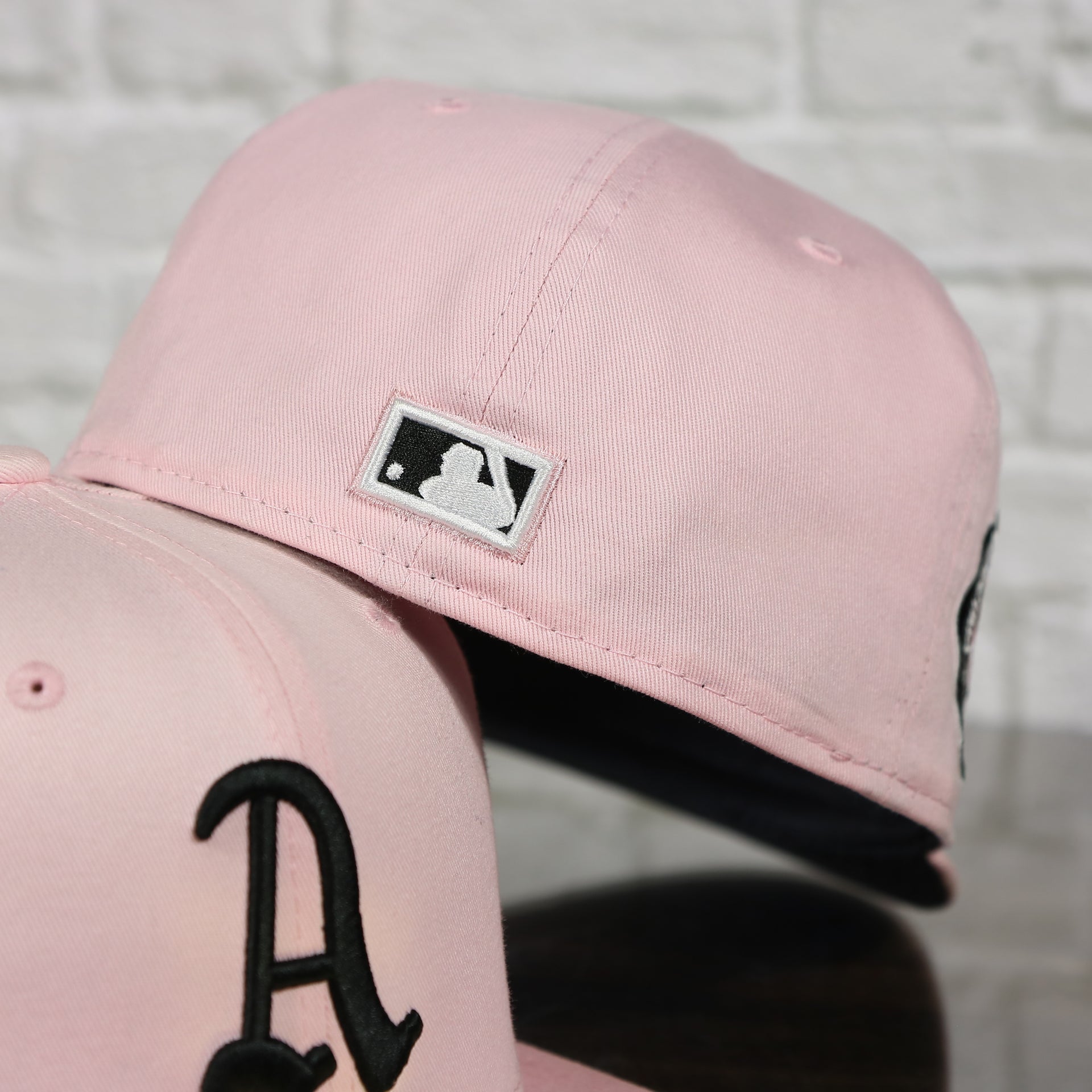 MLB cooperstown logo on the Philadelphia Athletics 1910 World Series Side Patch Black Bottom Pink 59Fifty Fitted Cap | "The Athletics Pack"
