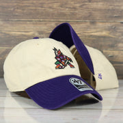 front of the Arizona Coyotes Throwback Distressed White Dad Hat | White Adjustable Baseball Cap
