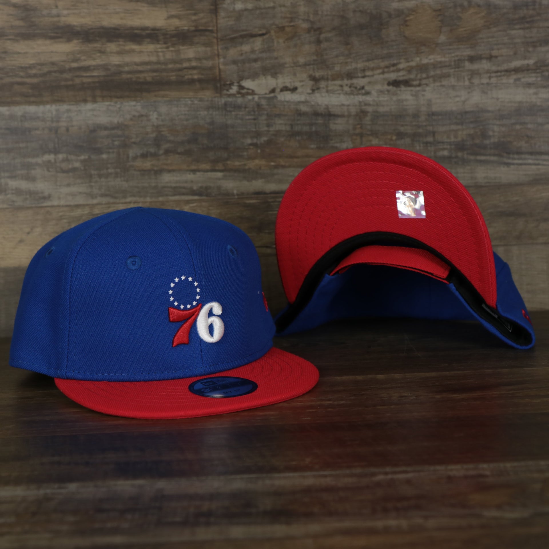 front and bottom of the Philadelphia 76ers My 1st 9Fifty Snapback | Infant | Blue/Red