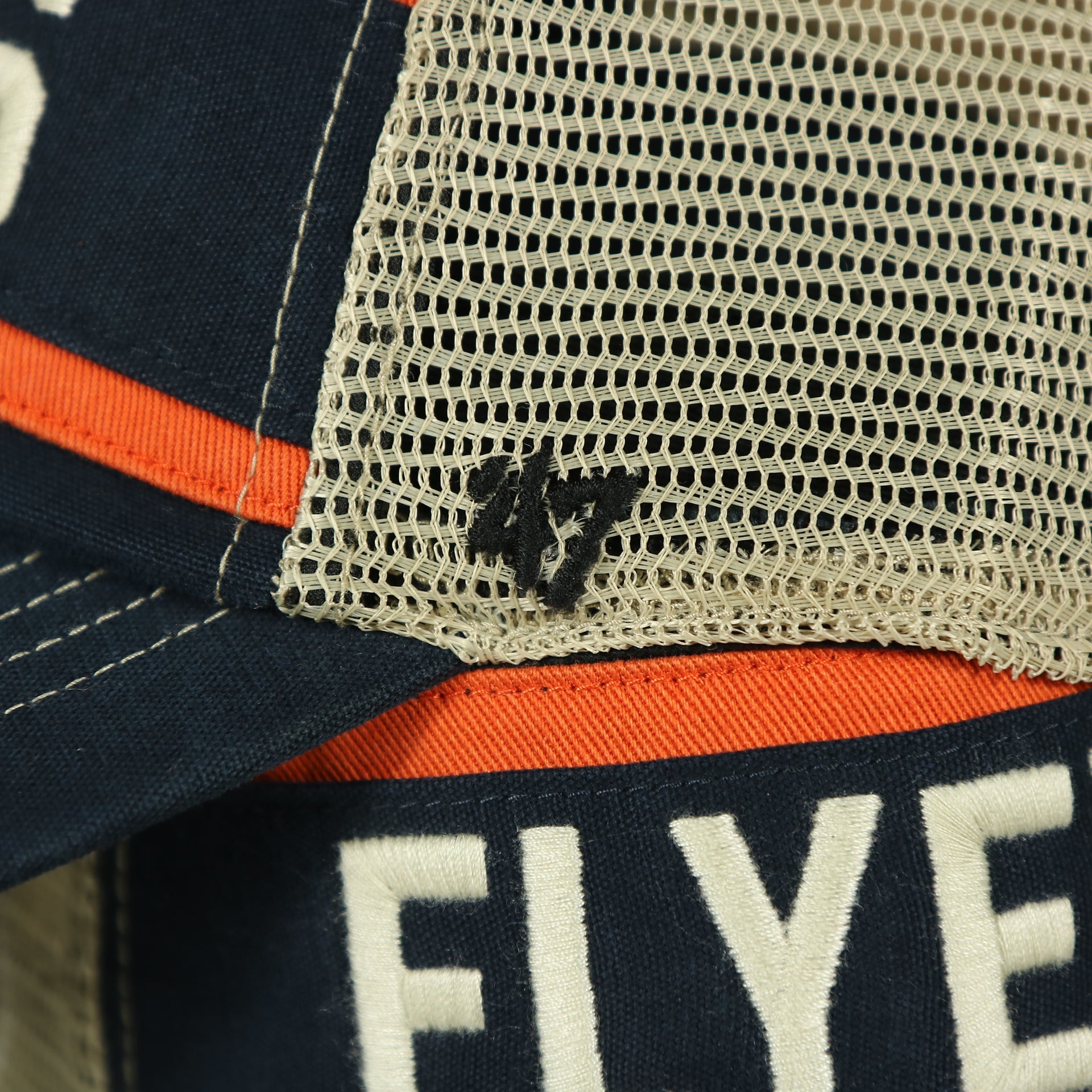 47 brand logo on the side of the Philadelphia Flyers Vintage Meshback Orange/Black Trucker Snapback Hat