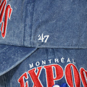 47 brand logo on the Montreal Expos Throwback Distressed Blue Dad Hat | Blue Adjustable Baseball Cap