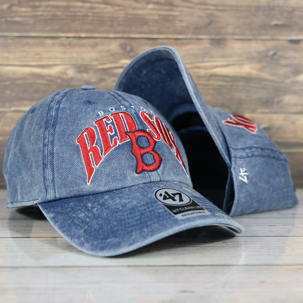 front and bottom of the Boston Red Sox Throwback Distressed Blue Dad Hat | Blue Adjustable Baseball Cap