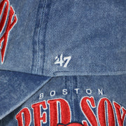 47 brand logo on the Boston Red Sox Throwback Distressed Blue Dad Hat | Blue Adjustable Baseball Cap