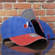 front and back of the Montreal Expos Throwback Distressed Denim Blue Women's Dad Hat | Blue Adjustable Baseball Cap
