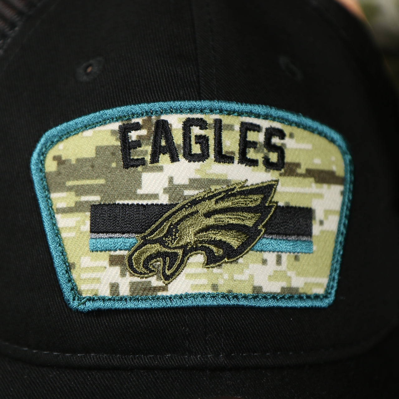 eagles logo on the Philadelphia Eagles 2021 Salute To Service On Field Sideline 9Twenty Trucker Dad Hat