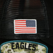 USA flag patch on the Philadelphia Eagles 2021 Salute To Service On Field Sideline 9Twenty Trucker Dad Hat