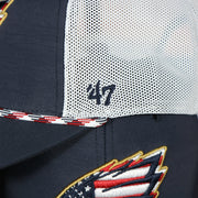 47 brand logo on the Philadelphia Eagles American Flag Mesh Back Trucker Hat | Navy Trucker Hat