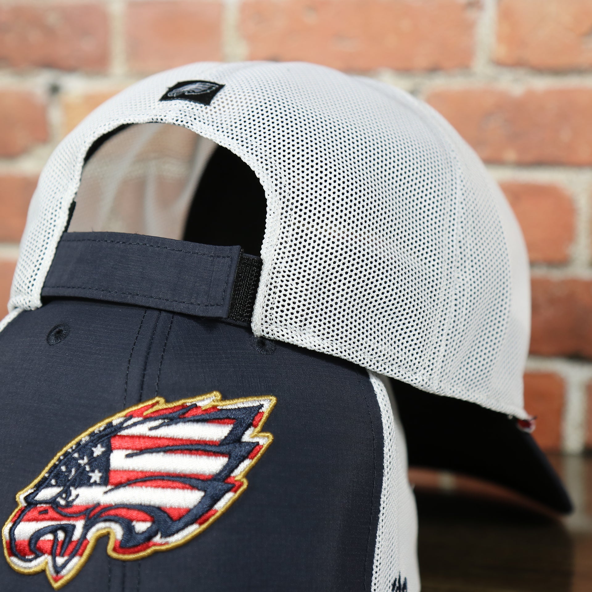 back side of the Philadelphia Eagles American Flag Mesh Back Trucker Hat | Navy Trucker Hat
