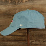 wearers left side of the Philadelphia Phillies 1970 Quaker Logo Powder Blue Adjustable Dad Hat