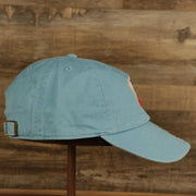 wearers right side of the Philadelphia Phillies 1970 Quaker Logo Powder Blue Adjustable Dad Hat