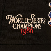 Close up of the script embroidery on the New York Mets 1986 World Series Script Patch Gray Bottom 59Fifty Fitted Cap