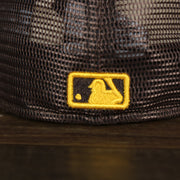 A close up of the MLB Batterman logo on the San Diego Padres Onfield 2022 Batting Practice 59Fifty Trucker Hat