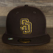 The front of the San Diego Padres Onfield 2022 Batting Practice 59Fifty Trucker Hat
