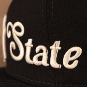 Close up of the script on the New York Yankees Empire State Script Nickname Gray Bottom 59Fifty Fitted Cap