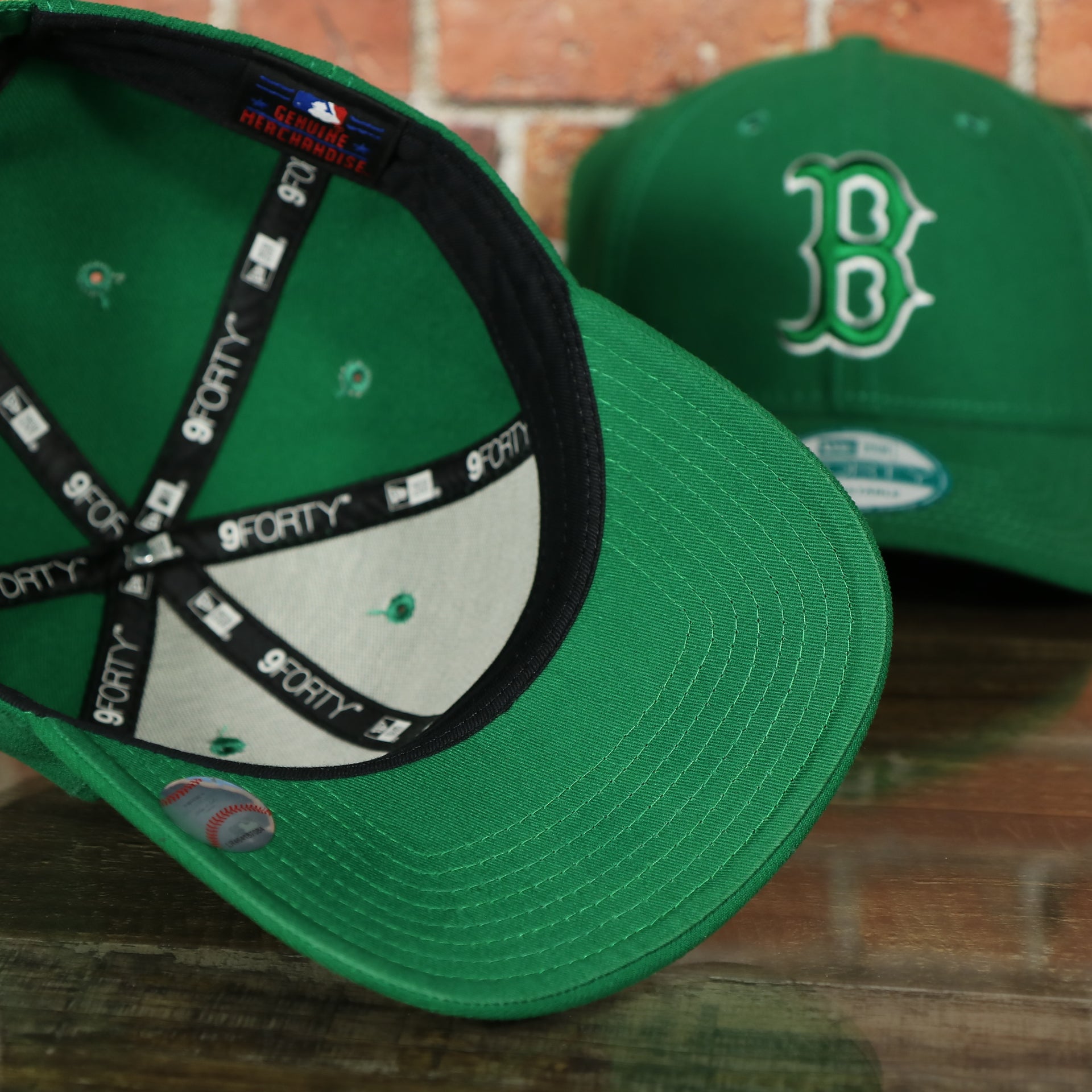 underside of the Boston Red Sox ST. Patrick's Dad  Logo Green Bottom Dad Hat | Green Dad Hat