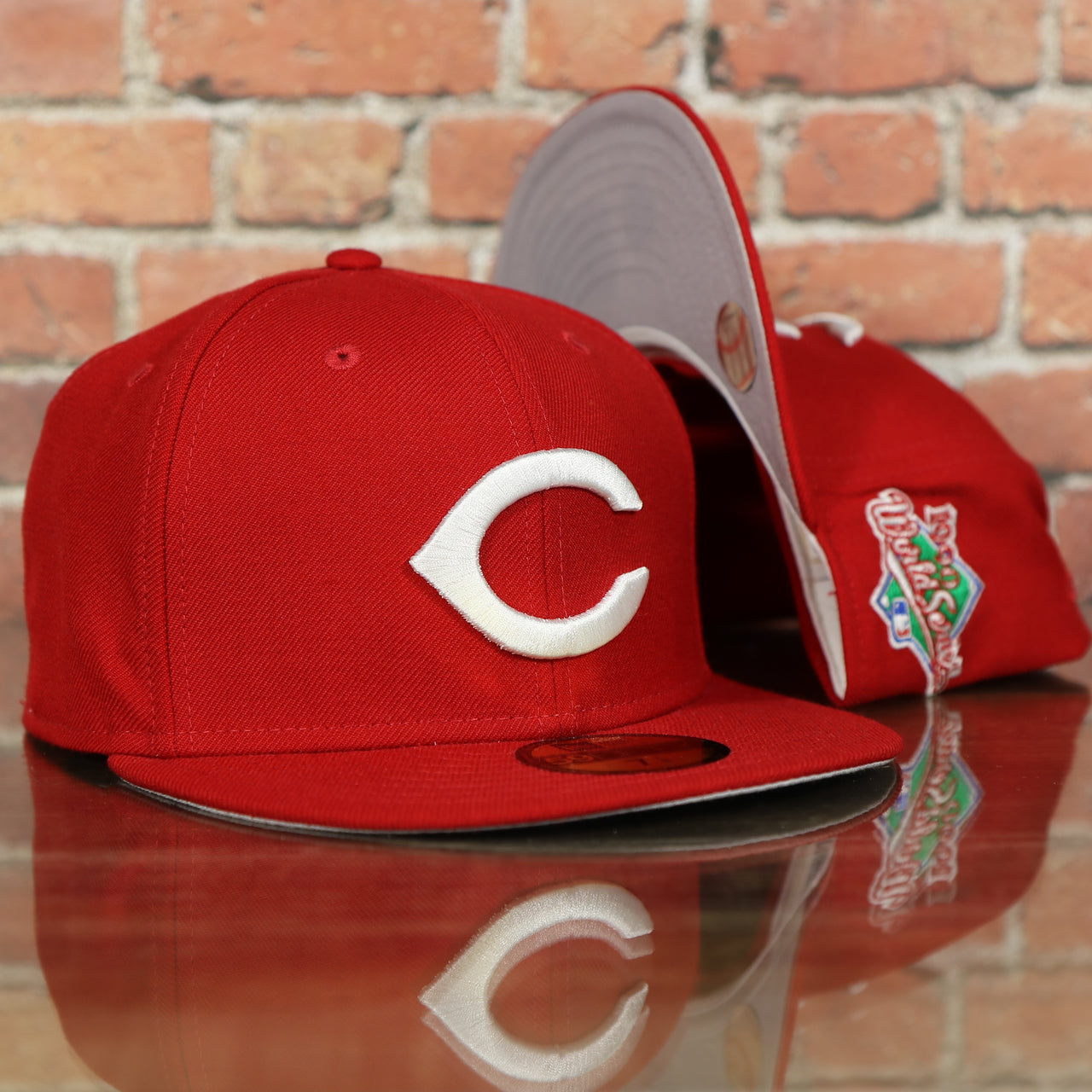 Reds On-Field Grey Bottom Fitted Cap | Cincinnati Reds 1990 Game Worn World Series Side Patch Gray Under Brim 59Fifty Fitted Hat