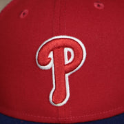 A close up of the Phillies logo on the Philadelphia Phillies Onfield 2022 Batting Practice 59Fifty Trucker Hat