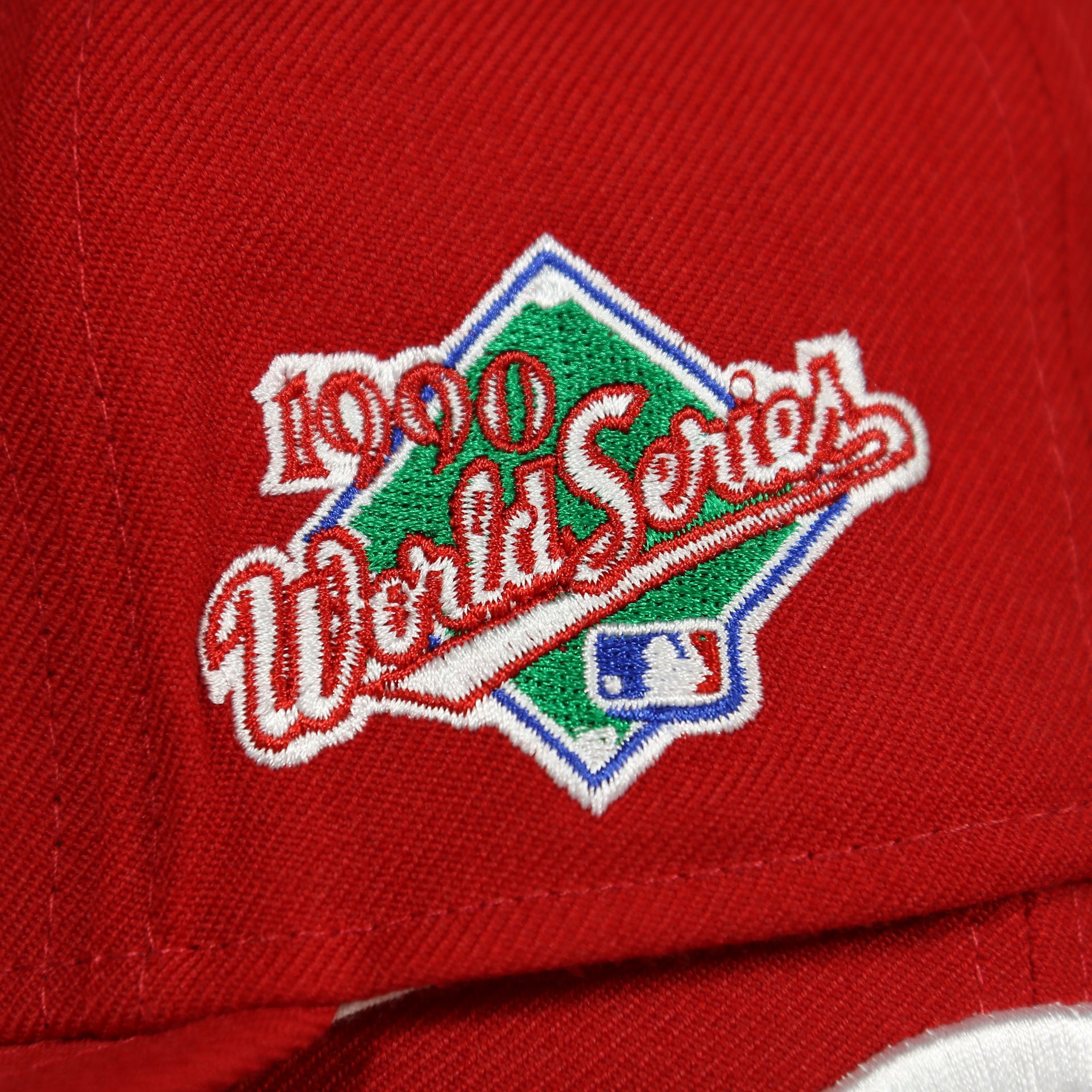 1990 world series patch on the Reds On-Field Grey Bottom Fitted Cap | Cincinnati Reds 1990 Game Worn World Series Side Patch Gray Under Brim 59Fifty Fitted Hat