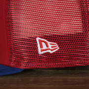 A close up of the New Era logo on the Philadelphia Phillies Onfield 2022 Batting Practice 59Fifty Trucker Hat