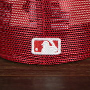 A close up of the MLB Batterman logo on the Philadelphia Phillies Onfield 2022 Batting Practice 59Fifty Trucker Hat