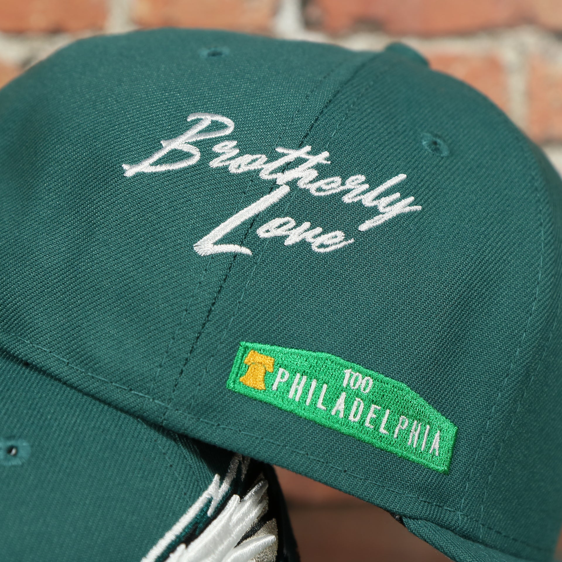 brotherly love sign and philadelphia 100 street sign on the Philadelphia Eagles City Transit All Over Side Patch Gray Bottom 59Fifty Fitted Cap