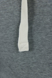 The white adjustable pull strings for the hood of the classic fleece heather gray pullover hoodie, features a textured pattern and a squared off end