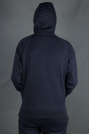 The backside of the navy blue Jordan Craig basic fleece pullover hoodie.