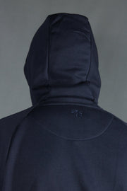The back side look of the hood of the Jordan Craig navy blue pullover hoodie.