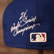 Close up of the 2X World Series Champions script on the New York Mets All Over World Series Side Patch 2x Champ Gray Bottom 59Fifty Fitted Cap