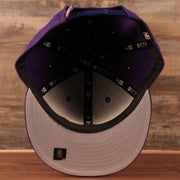 A grey underbrim of the Los Angeles Lakers purple logo tear 9fifty snapback hat.