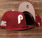 The maroon Philadelphia Phillies all over patch fitted 59fifty hat for the 1980 World Series grey bottom brim by New Era.