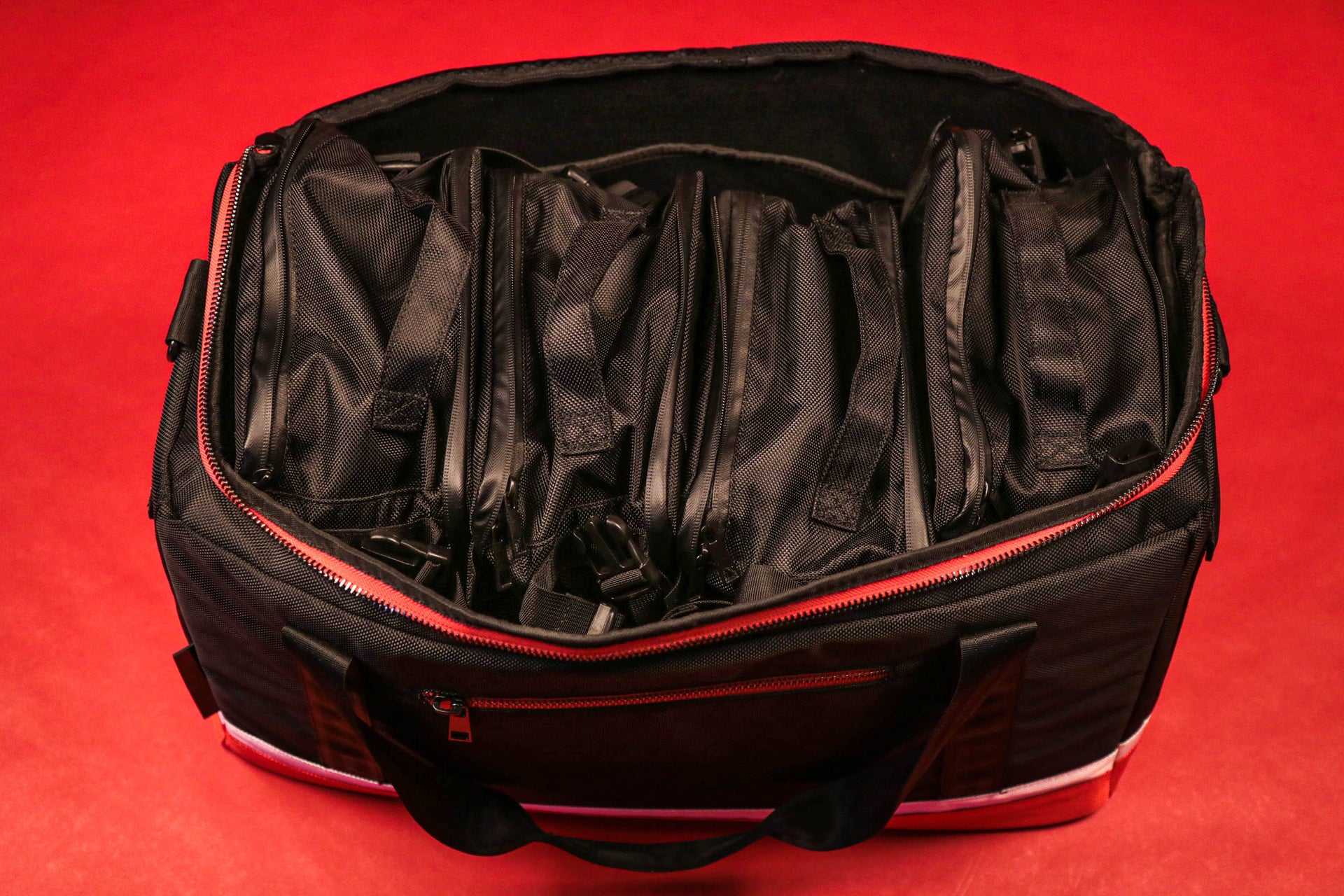 The inside of the Flight Pack Sneaker Duffle Bag To Match Bred 11s | Sneaker Duffel Travel Bag filled
