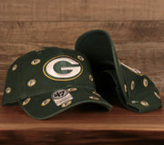 front and bottom of the Green Bay Packers All Over Logo Patch Green Adjustable Dad Hat