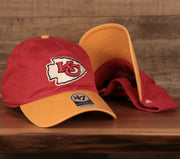 top and bottom of the Kansas City Chiefs Yellow & Red Adjustable Dad Hat