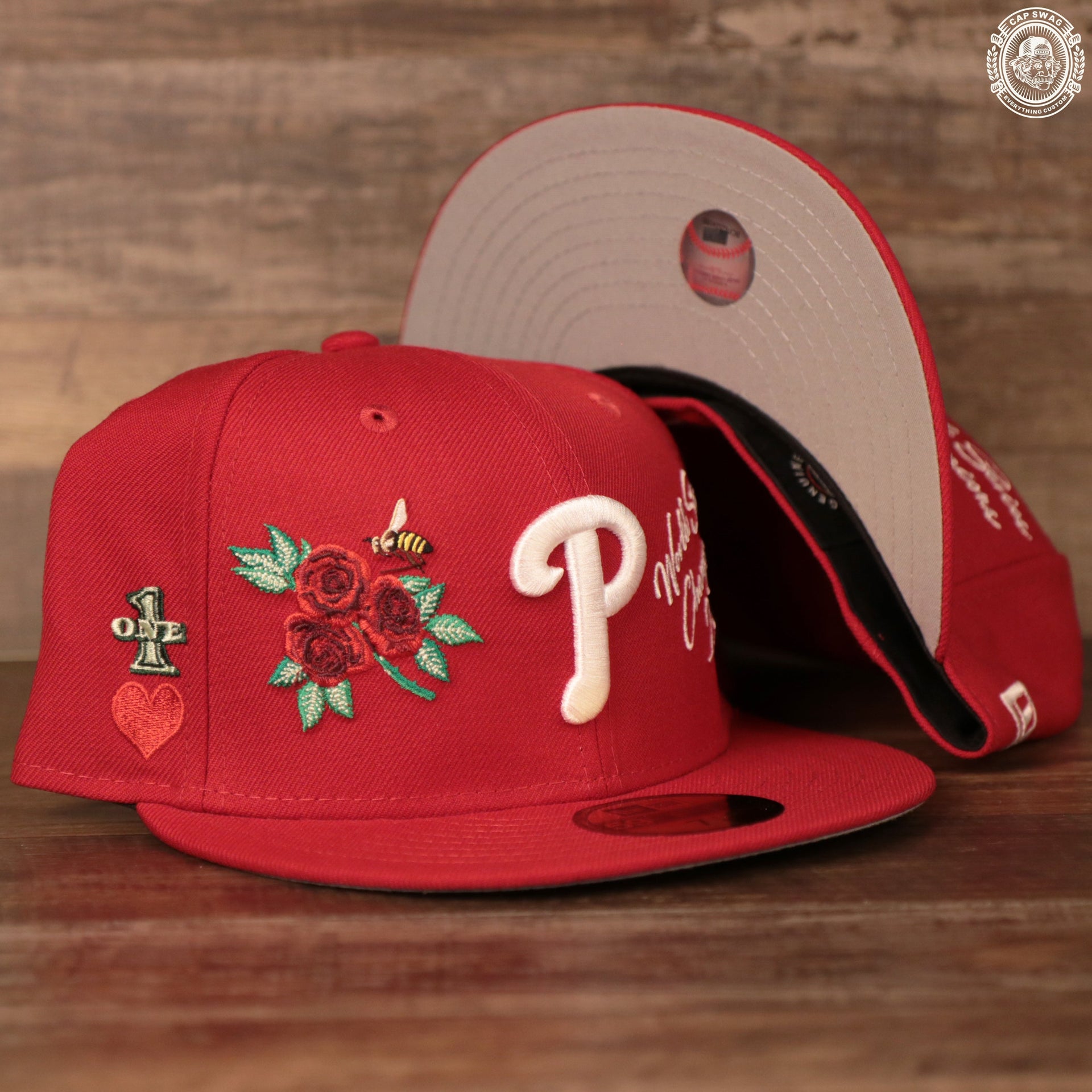 The all over patch fitted 59fifty, with its grey underbrim, the 2X champions, and The Phillies logo
