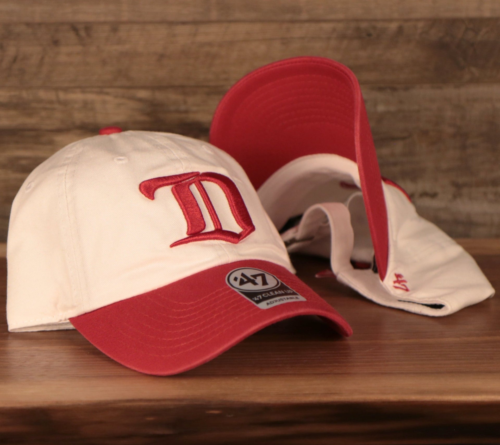 front and bottom of the Detroit Red Wings Cream and Red Retro Adjustable Dad Hat