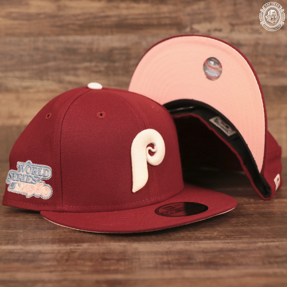 The maroon retro Philadelphia Phillies 1980 World Series glow in the dark fitted pink under brim 59fifty fitted cap.