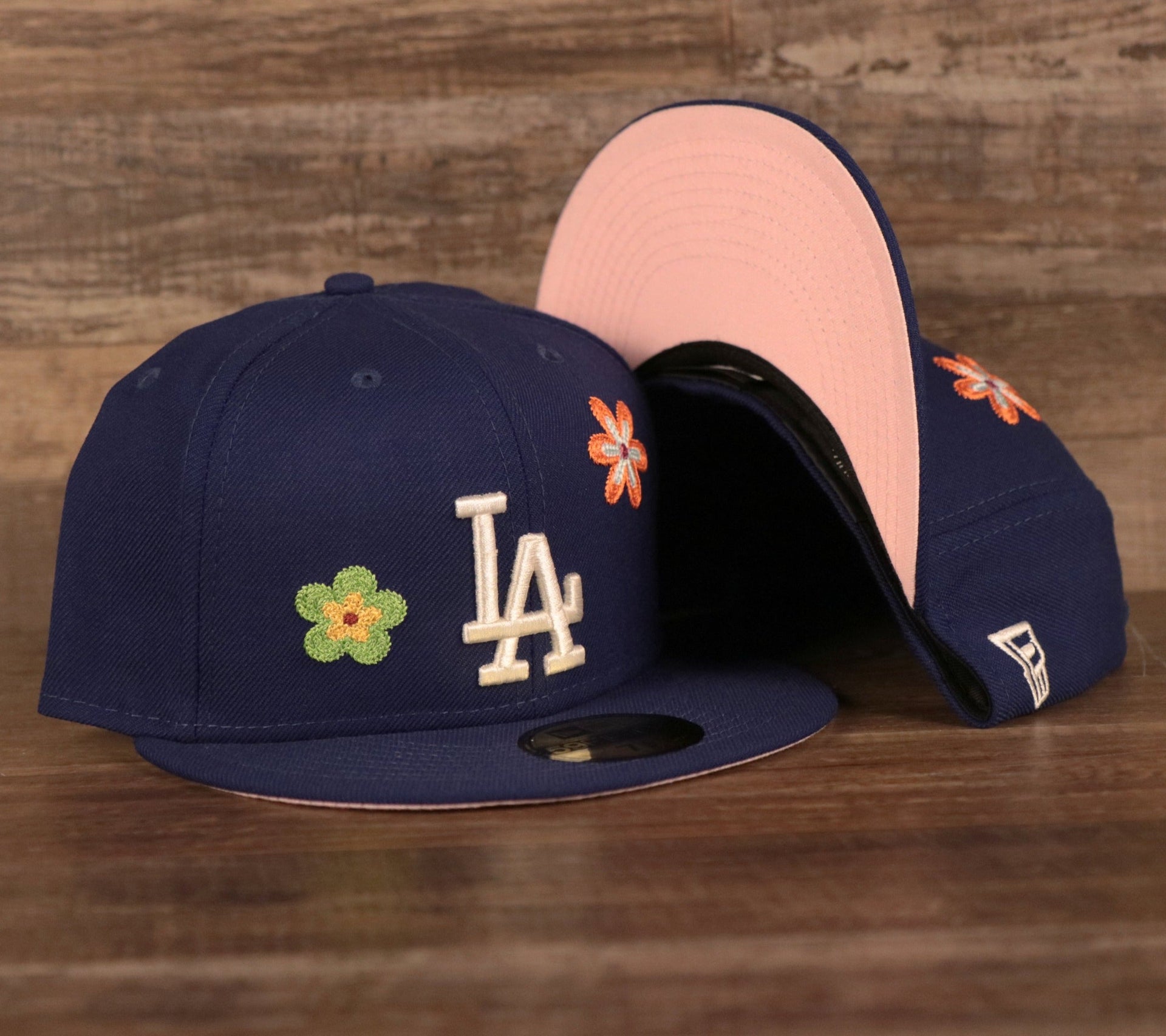 Los Angeles Dodgers All Over Floral Pattern Flower Crotchet Side Patch Pink Bottom 59Fifty Fitted Cap