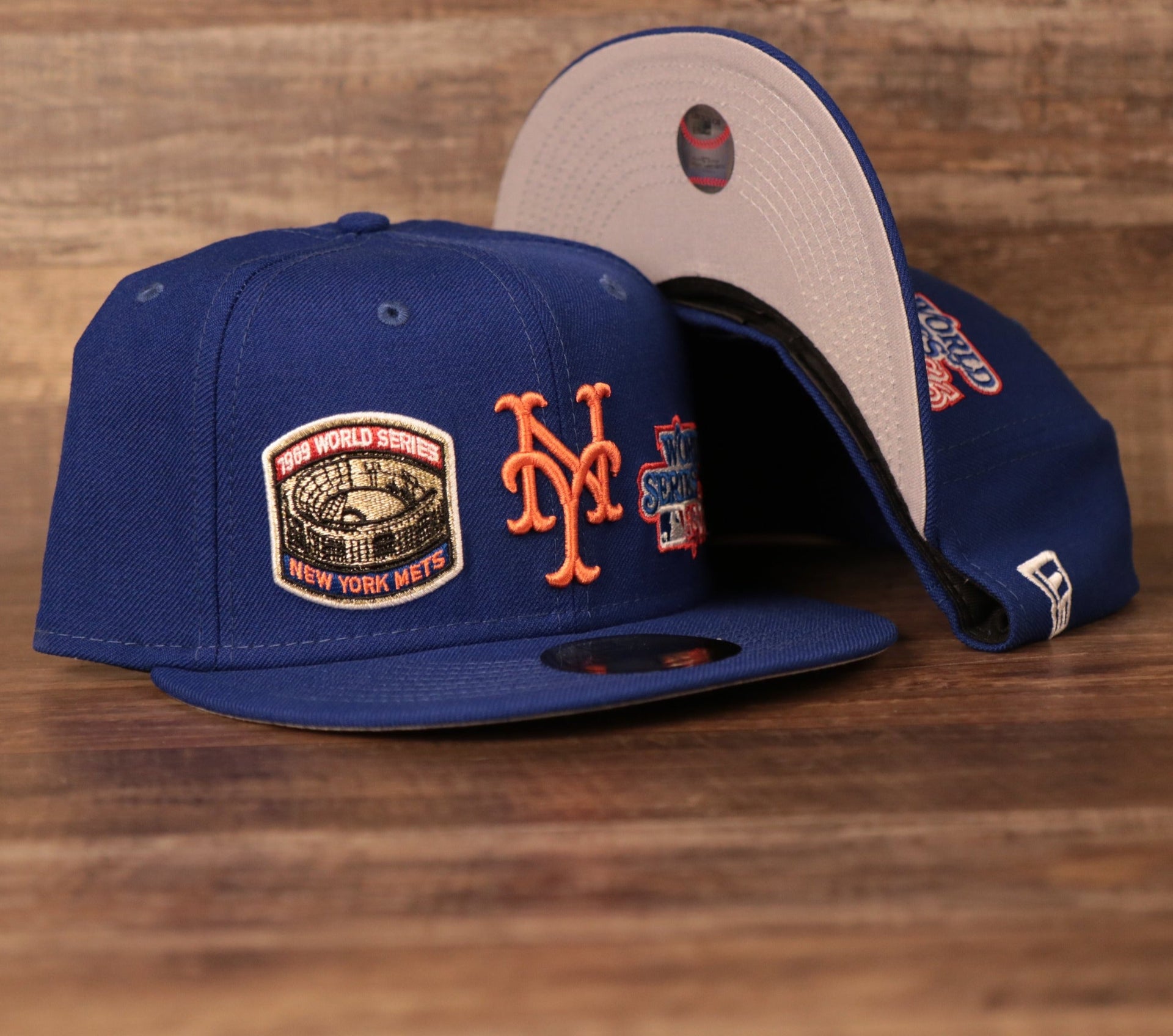 New York Mets All Over World Series Side Patch 2x Champ Gray Bottom 59Fifty Fitted Cap